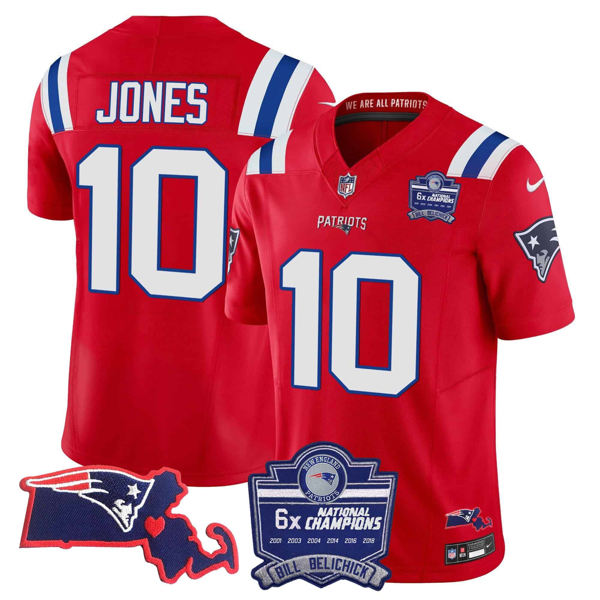 Men New England Patriots 10 Jones Red 2024 Nike 6x Champions Patch Vapor Limited NFL Jersey